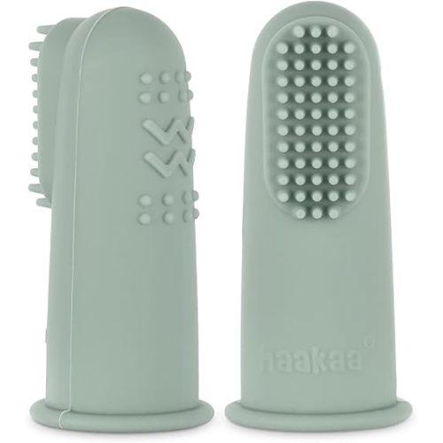 haakaa Silicone Baby Finger Toothbrush, Oral Care for Infants&Babies&Toddlers&Kids, Soft Food Grade Silicone, 2 Pack, Pea Green