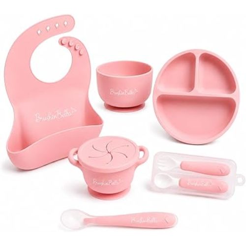 Baby Feeding Supplies - Complete Baby Feeding Set with Baby Plate, Baby Spoons First Stage, Silicone Bib and Snack Cup - Infant Eating Utensils and Baby Bowl with Suction