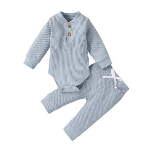 Byoo Boy 2-Piece Ribbed Outfit Set Solid Color Long-Sleeve Henley Bodysuit Pants Soft Baby Outfits Comfy Romper Set