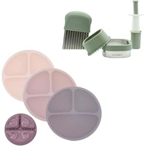 WeeSprout Complete Baby Feeding Bundle - Professional Food Prep Tools & Divided Suction Plates With Lids (3-Pack) - Crinkle, Grape & Sandwich Cutters - Development Specialist-Designed for Mealtime