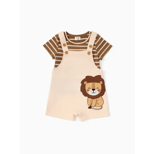 Baby Boy 2pcs Stripe Pattern Tee and Lion Print Overalls Shorts Set