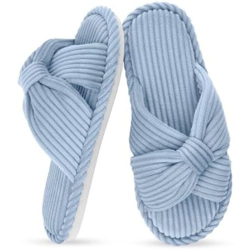 IPSAE House Slippers for Woman Memory Foam Open Toe Slippers Corduroy Cross Bow Womens Slipper Slides Comfy Indoor Bedroom Slip On Shoes