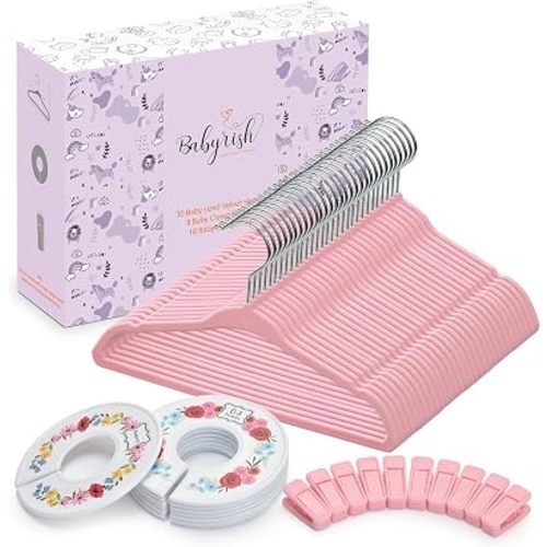 Babyrish Velvet Baby Hangers with 10x Clips and 8X Dividers (30 Pack) | 11” Ultra-Slim Baby Clothes Hangers | Non-Slip Felt | Space-Saving Nursery & Infant Closet Organizer | Pink