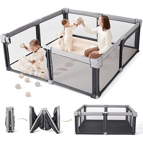 Baby Playpen, 59x59 Inch Baby Gate Playpens for Babies and Toddlers, Large Playpen with Door Play Yard for Fence Indoor and Outdoor Play Pen,Space Gray