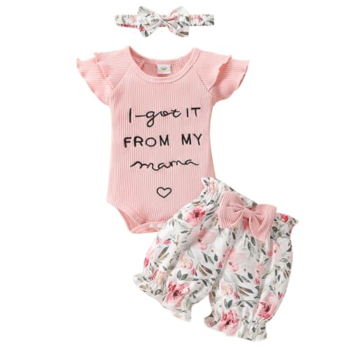 QITUDATEY Newborn Infant Baby Girls Clothes, Cute Summer Baby Girls Outfits Ruffle Sleeve Romper Floral Shorts with HeadBand
