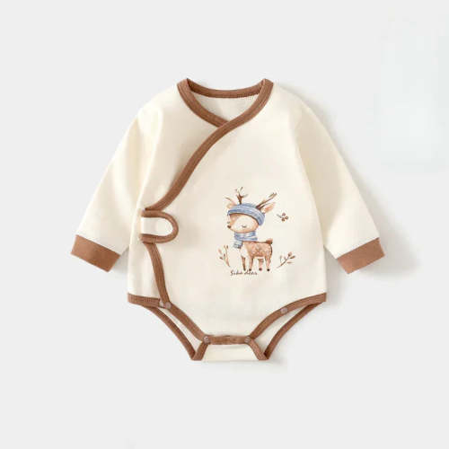 Cotton Long Sleeve Bodysuit with Velcro Closure - Brown Deer – Organic Cotton Clubs