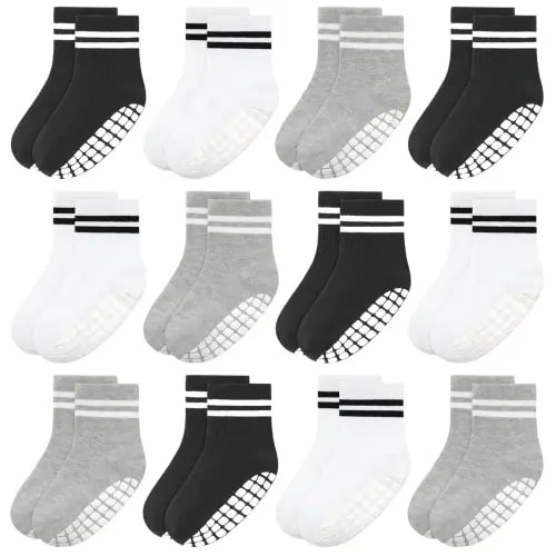 Toddler Non-Slip Socks for Baby Boys Girls (0-10 Years) 12 Pairs Kids Anti-Skid Socks for Indoor Outdoor Activities