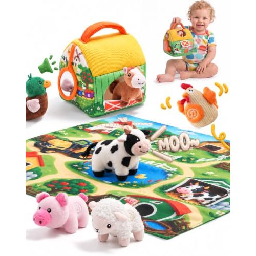 Baby Toys 6-12 Months,Stuffed Farm Animals Barn with Real Sounds & Play Mat | Montessori Sensory Toys for 6 Month Old Boy Girl Gifts,Montessori Toy for 1 Year Old Toddler Babies Birthday Christmas Gift