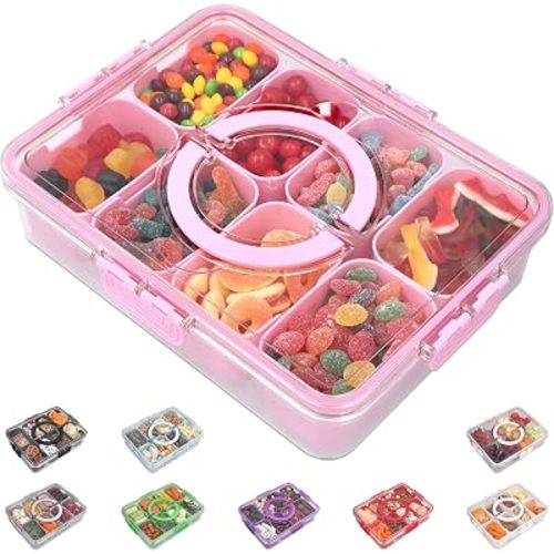 Snackle Box Container with Lid Travel Charcuterie Box with Handle Organizer for Candy, Fruit, Nuts, Veggies, Snacks, Beach Essentials, Portable Lunch Box (Pink, Large)