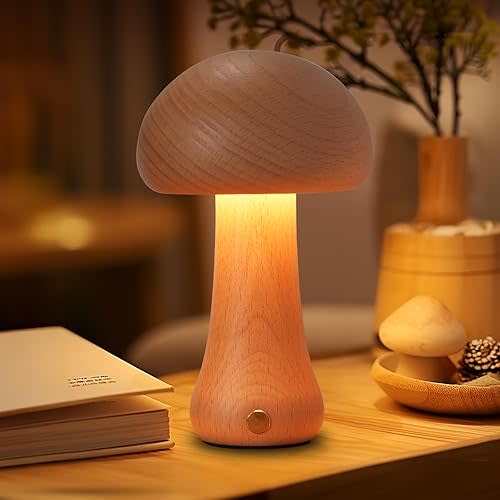 Small Wood Mushroom Lamp, LED Cordless Bedside Touch, Portable Dimmable Battery Mushroom Lamp for Bedroom Nightstand