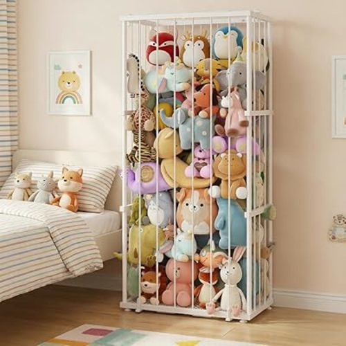 Large Metal Stuffed Animal Storage Zoo, Metal Stuffed Animal Holder Organizer with Elastic Cord, Space-Saving Toy Storage for Nursery, Playroom & Bedroom, White