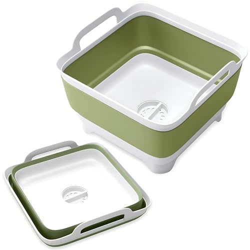 Vamako Collapsible Dish Basin - 2.4 Gal Wash Basin for Baby Bottles, Beverage Tub, Dishpans for Washing Dishes, Camp Sink, Wash Bin, Foldable Laundry Bucket with Drain, Hand & Bottle Washing Station