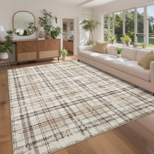Plaid Rug with Low Pile, Machine Made, Polyester, Beige | GARVEE
