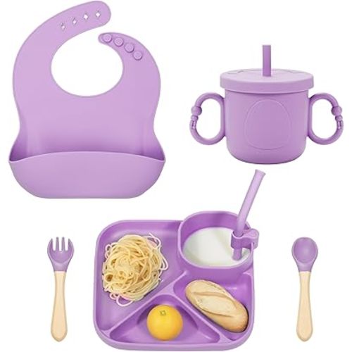 Silicone Baby Feeding Set, Baby Led Weaning Supplies, Silicone Suction Plate, Bowl, Spoons, Fork, Waterproof Bib, Cup and Food Tableware, Eating Utensils Baby Feeding Essentials for 3+ Months