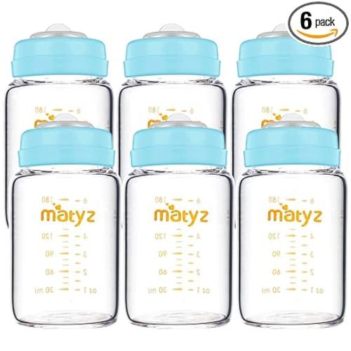 Matyz Glass Breastmilk Storage Bottles, 6 Pack, 6 oz, Compatible with Spectra Medela Breast Pump - Freezer Safe Storage Bottles Set - Wide Mouth Breastmilk Storage Containers - No BPA (Blue Lids)