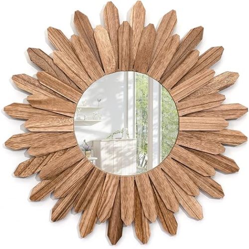 Emfogo Wall Mirror 21 inch Rustic Wood Sunburst Boho Mirror Wall Decor Home Decor for Bedroom Living Room Entryway Farmhouse (Carbonized Black)