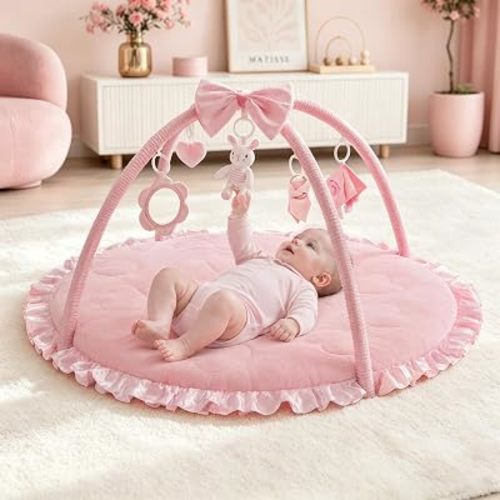 2PM SPORTS Tummy Time Mat Baby PlayGym with 6 Detachable Toys – Sweetheart Theme, Pink Activity Gym Mat for Baby, Newborn to 12 Months, Motor Skills & Sensory Development, Registry Search Gift