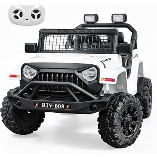 RJV 12V 7Ah Kids Ride On Truck, Electric Car, Parent Remote, White