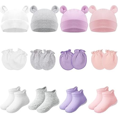 4 Sets Newborn Baby Hat and Mittens Toddler Beanie Cap Non Slip Socks for 0-6 Months