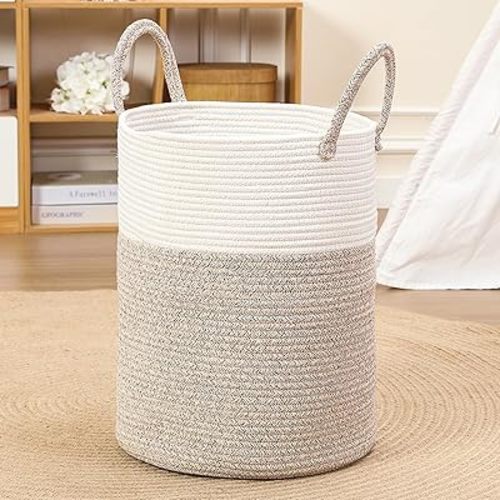 60L Large Woven Laundry Basket Hamper, 100% Natural Cotton Rope, Handwoven & Durable, Storage for Blankets, Toys, Clothes, Nursery Hamper for Living Room, Baby Room, Bedroom (Brown and White)