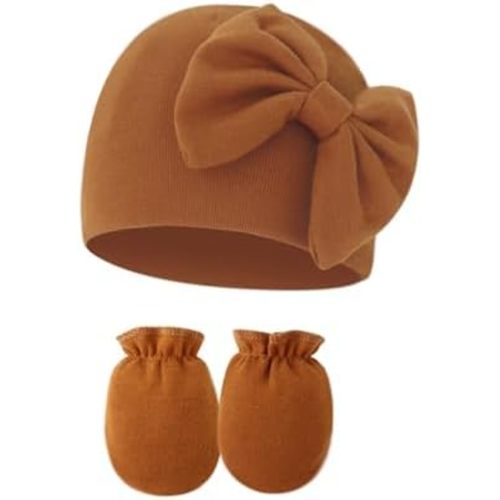 UTTPLL Newborn Beanies Cap No Scratch Mittens Set 0-6 Months Infant Bow Caps Baby Girls Boys Cute Nursery Headbands Hats