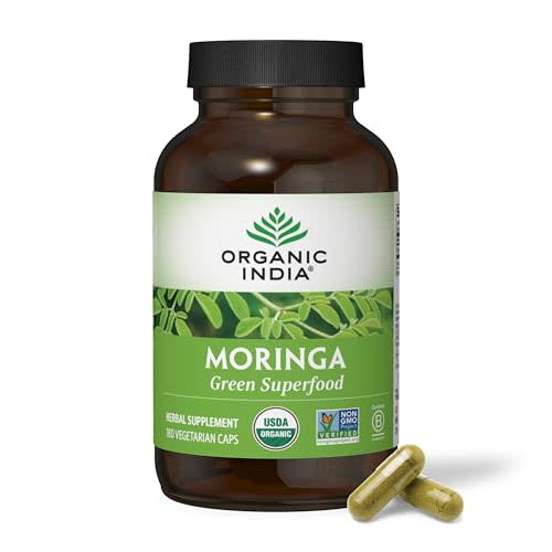 ORGANIC INDIA Moringa Capsules Organic, Moringa Supplement, 180 Capsules | Green Superfood, Leaf, Pure Supergreen, Vegan Greens, Nature's Multivitamin, Vegan, Gluten-Free