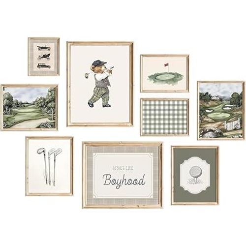 Ensemble de décoration murale vintage pour chambre d'enfant Sports Art mural décoratif de 9 impressions de nounours jouant au golf Décor mural en toile pour chambre de bébé garçon Décoration murale