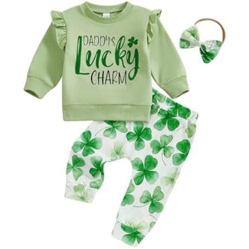 Karuedoo Toddler Baby Girl St Patricks Day Outfit Letter Print Ruffle Long Sleeve Sweatshirt Clover Pants Headband 3Pcs Set