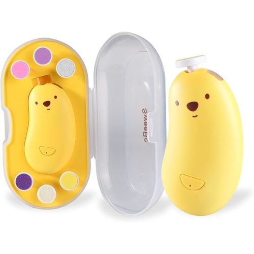 Baby Nail File Electric, Gentle Rechargeable Nail Trimmer, Baby Nail Clippers Grooming Kit Manicure Set for Infant Toddler or Adults, 6 Grinding Head Replacement Pads Yellow