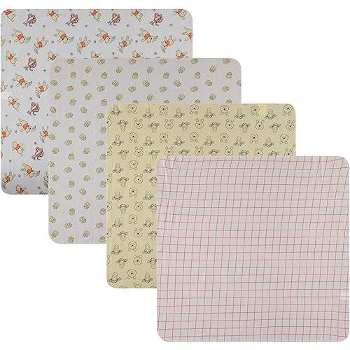Disney Baby 4-Pack Receiving Blankets — 100% Cotton Flannel, 28" x 28" — Available in Mickey, Minnie, Pooh, Stitch or Angel — Soft Swaddle, Burp & Stroller Blankets — Gift-Ready with Ribbon Bow