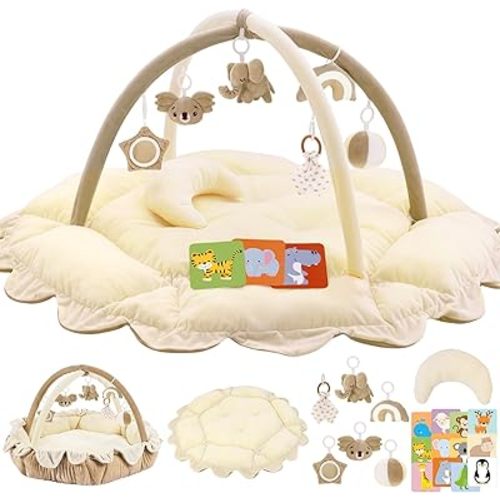 5-in-1 Plush Baby Play Gym, Activity Mat with Convertible Gym and Pillow, 6 Sensory Toys, Play Center from Newborn to Toddler, Cream