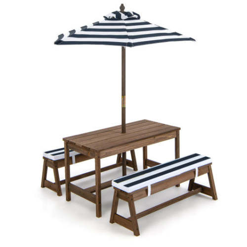 COSTWAY Kids Picnic Table and Bench Set With Cushions and Height Adjustable Umbrella-Blue
