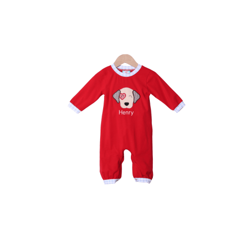 Applique Puppy Love Red Knit/Gingham Romper