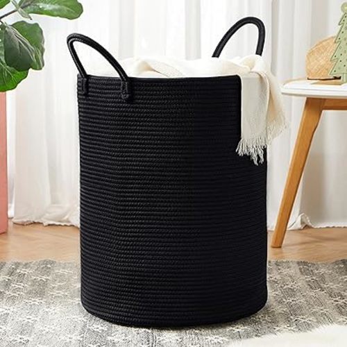 60L Black Woven Rope Hamper Laundry Basket for Clothes Tall Modern Blanket Storage Basket in Living Room Bedroom 15Dx20H inches