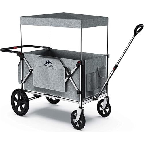 Foldable Wagon Stroller, Stroller Wagon for 2 Kids with 5-Point Harnesses,Adjustable Push/Pull Handle, Removable Sun Canopy, Suitable for Family Travel, Two Children Ride, Large Storage,Gift