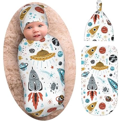 Cartoon Rocket Newborn Swaddle Blanket with Beanie Set, Soft and Stretchy Space Baby Stuff Receiving Blanket Swaddle Sack for Boy and Girl