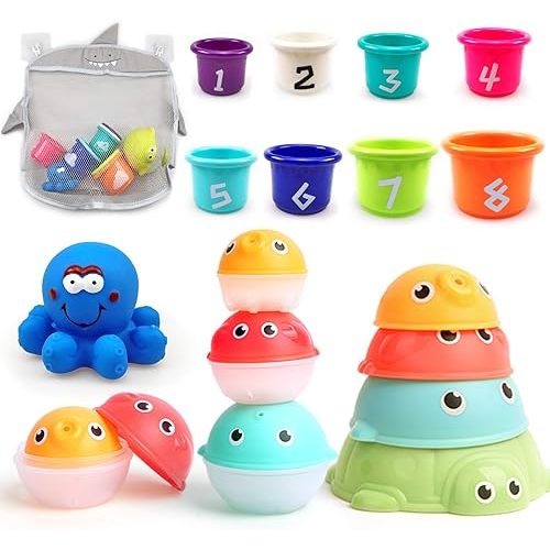 MoraBaby Baby Bath Stacking Toys with Organizer Bag, 8 Stacking Cup Toys, 4 Stack Up Squirts Animal Balls and 1 Floating Blue Octopus, Bath Time Fun Splash Toys, Gifts for Toddler 1-3 Years