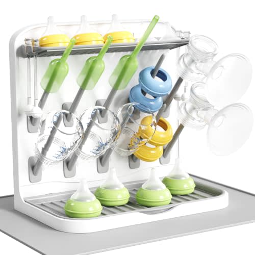 Lifewit 10-Hooks Baby Bottle Drying Rack with Drain Mat for Countertop | Vertical Bottle Storage Organizer, Stand-Up Dryer Holder for Pacifiers, Pump Parts, Baby Stuff, Newborn Essentials Must Haves