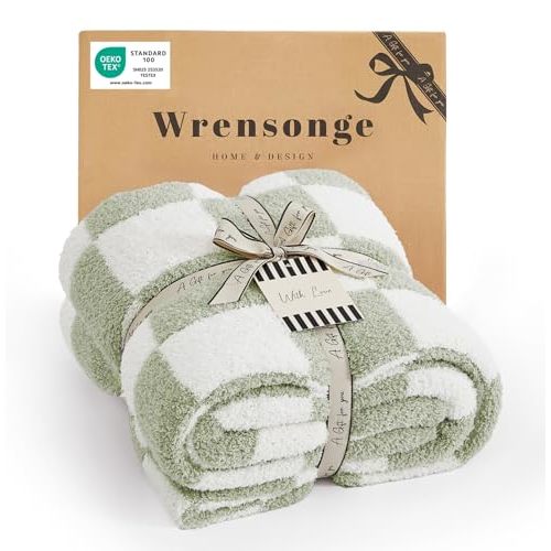 WRENSONGE Checkered Throw Blanket, Sage Green Soft Cozy Fluffy Hand Made Throw Blankets for Couch, Sofa, Chair, Bed, Camping, Picnic, Travel Lightweight Bed Blankets for Women Mothers Birthday Gifts
