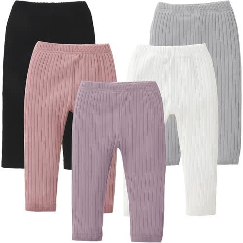 DREAM BUS 5 Pack Toddler Girl Pants Baby Girl Solid Ribbed Pants Toddler Girls Bottoms Leggings Newborn Cotton Jogger
