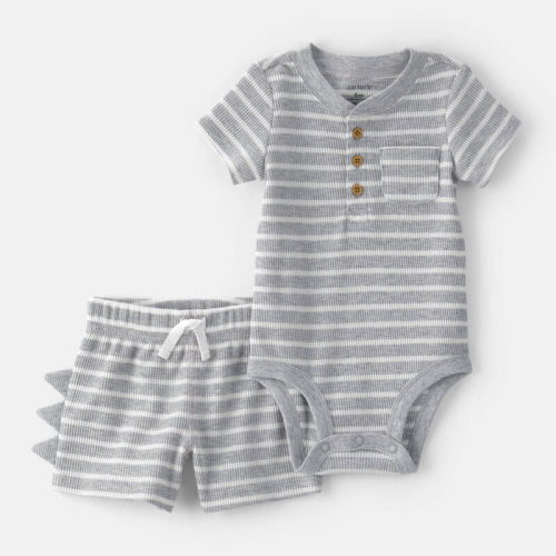 Baby Boy 2-Piece Dino Spikes Striped Thermal Short-Sleeve Bodysuit & Short Set - Grey | Carter’s Oshkosh Canada