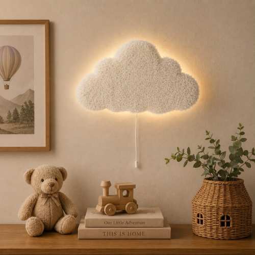 White Bouclé & Wood Cloud Night Light – Handcrafted Lamp for Nursery and Kids Room Decor