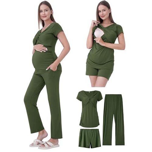 QUNISY Maternity Nursing Pajamas Set 3PCS, Breastfeeding Tops, Adjustable Shorts & Pants, Postpartum Hospital Bag Essentials