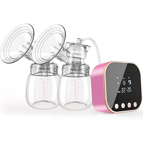 Lulia Double Electric Breast Pump, Breastfeeding Pump 4 Modes & 9 Levels, Low Noise, Anti-Backflow & LED Display, BPA Free, Portable Breast Pumps with 24mm Flange, Pink-2P