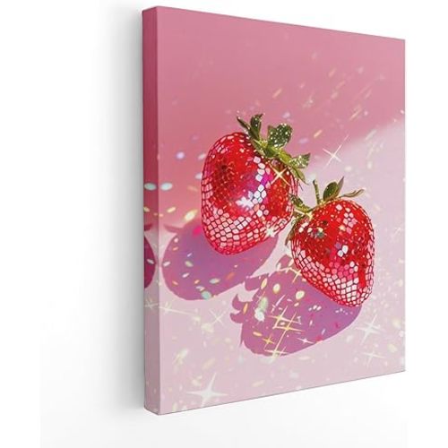 APJYM Funky Y2K Disco Ball Strawberry Wall Art, Trendy Retro 70s Preppy Pink Girly Strawberry Aesthetic Canvas Wall Art for Girls Room Bedroom Dorm Apartment Decor, 11x14 Inches Framed