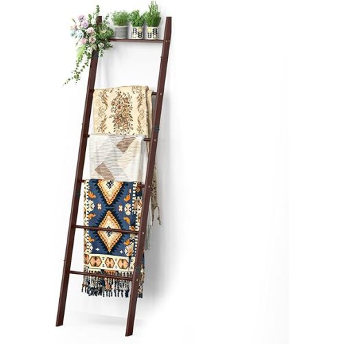 BAMBANG 6-Tier Blanket Ladder for Living Room, Blanket Quilt Ladder Rack Rustic Decorative Towel Holder, Wall Leaning Blanket Ladder Shelf Storage Farmhouse Decor for Bedroom Bathroom, Brown