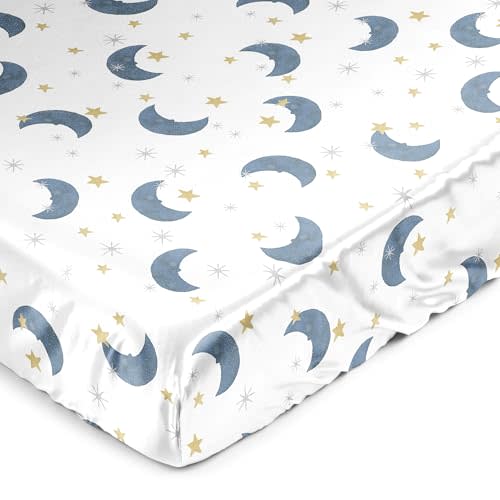 Sweet Jojo Designs Moon and Star Boy Girl Unisex/Gender Neutral Baby Satin Fitted Crib Sheet Infant Newborn Nursery Toddler Bed Room Standard Mattress Blue Gold Watercolor Celestial Outer Space Galaxy