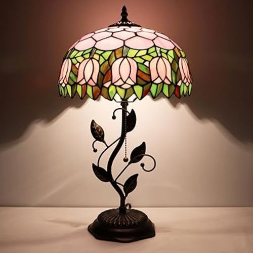 Tiffany Lamp Pink Tulip Style Stained Glass Table Lamp Desk Bedside Reading Light 12X12X19 Inches with Metal Leaf Base
