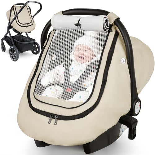 Rquite Car Seat Cover Baby, Winter Carseat Covers Boy Girl, Waterproof Infant Car Seat Cover Warm Car Seat Canopy for Cold Weather, Windproof Baby Carrier/Stroller Cover with 2 Layers Windows, Beige