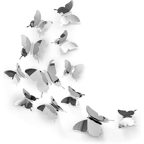 Silver Butterfly Wall Decals - 24 Pcs, Bedroom Wall Decor, Aesthetic Butterflies Stickers for Room Decor
